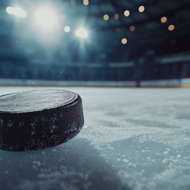 Ein Eishockey-Puck fliegt über das Eis.