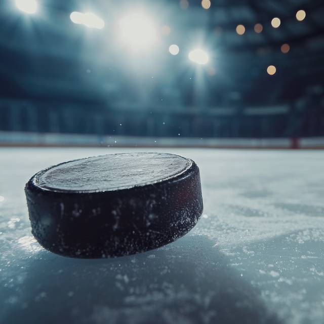 Ein Eishockey-Puck fliegt über das Eis.
