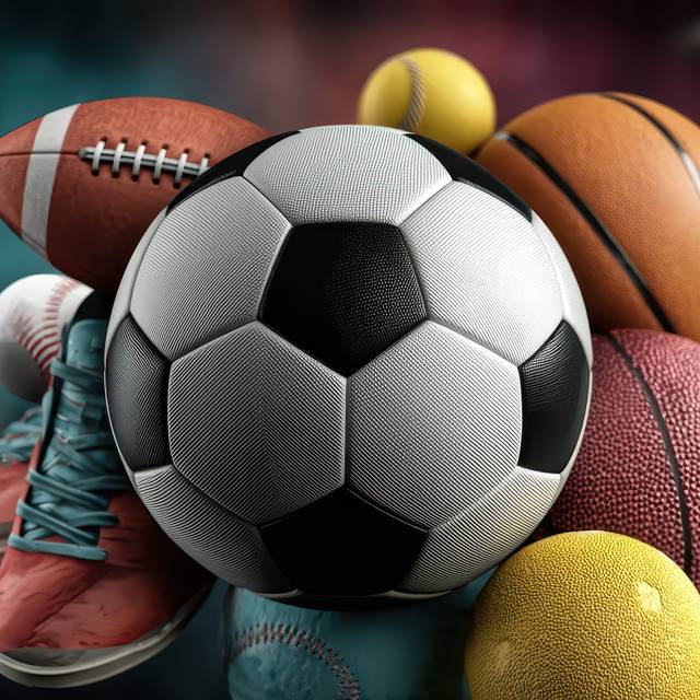 Mischung aus verschiedenen Sportelementen mit lebendigem Hintergrund, Fußball im Zentrum