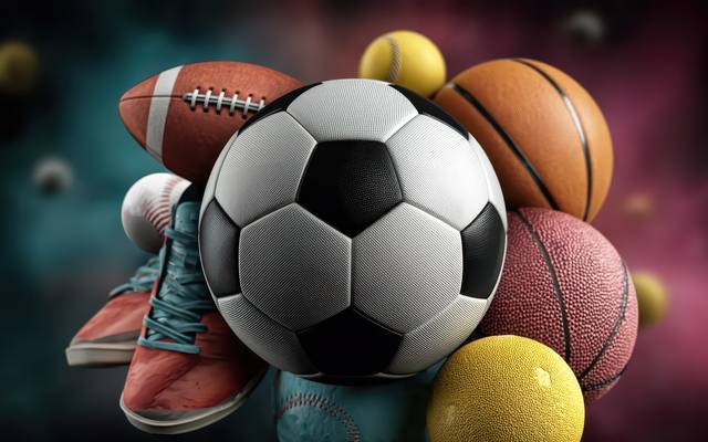 Mischung aus verschiedenen Sportelementen mit lebendigem Hintergrund, Fußball im Zentrum