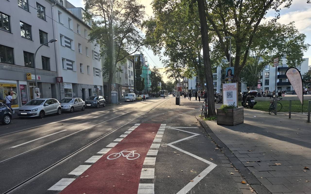 Ein roter Fahrradstreifen am rechten Straßenrand, rechts stehen Bäume, links sind parkende Autos und Häuser zu sehen.