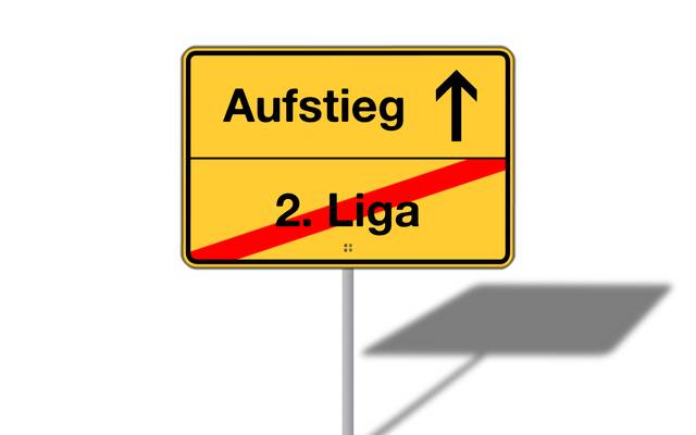 Verkehrsschild, dass den möglichen Aufstieg von Liga 2 in Liga 1 symbolisiert.
