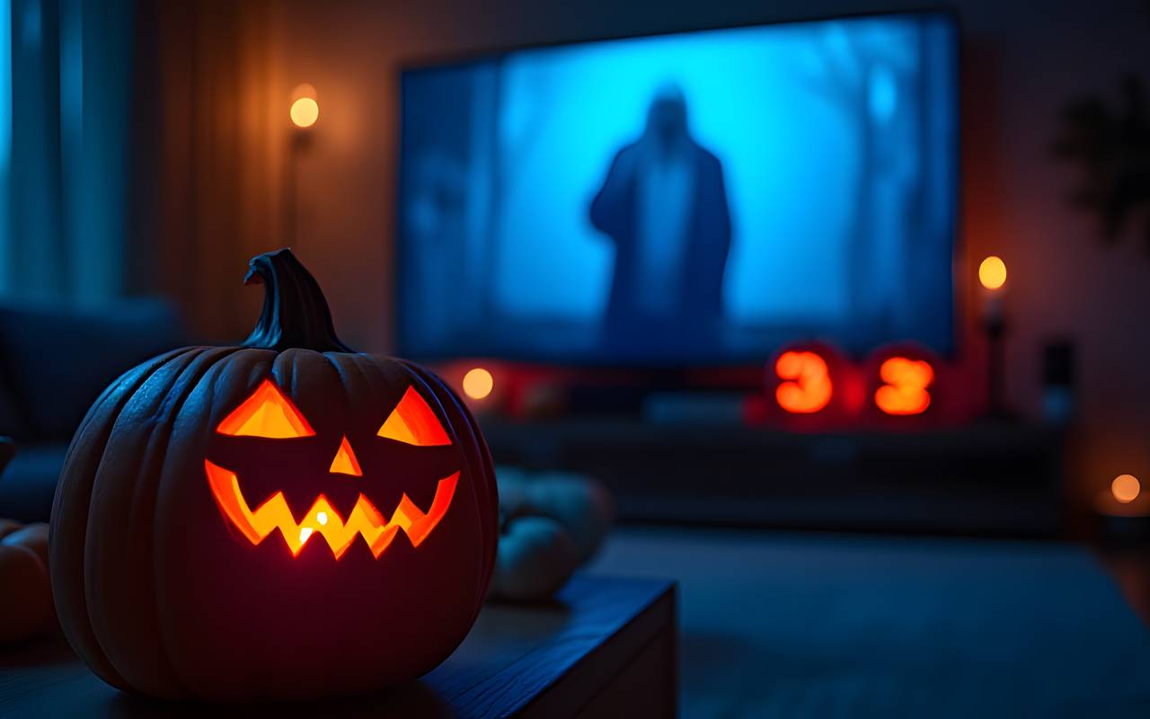Gruseliger Halloween-Abend: Ein Jack O’Lantern-Kürbis sitzt im Dunkeln und schaut einen Horrorfilm im Fernsehen.