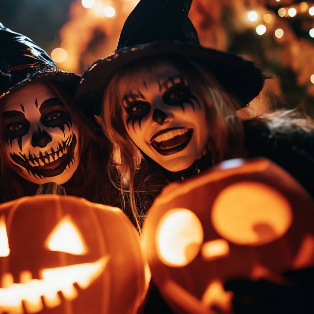 Bunte Halloween- und Día de los Muertos-Gesichtsfarben auf einem Festival: Menschen mit kunstvollem Make-up, festlichen Kostümen und leuchtender Totenkopf-Gesichtsbemalung feiern in einer lebhaften, kulturellen Party-Atmosphäre.