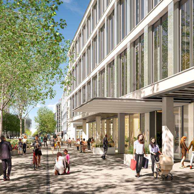 Visualisierung der neuen südlichen Königsallee. Am "KöTower" soll viel Grün und eine Verbindung zur Friedrichstraße/Friedrichstadt entstehen.