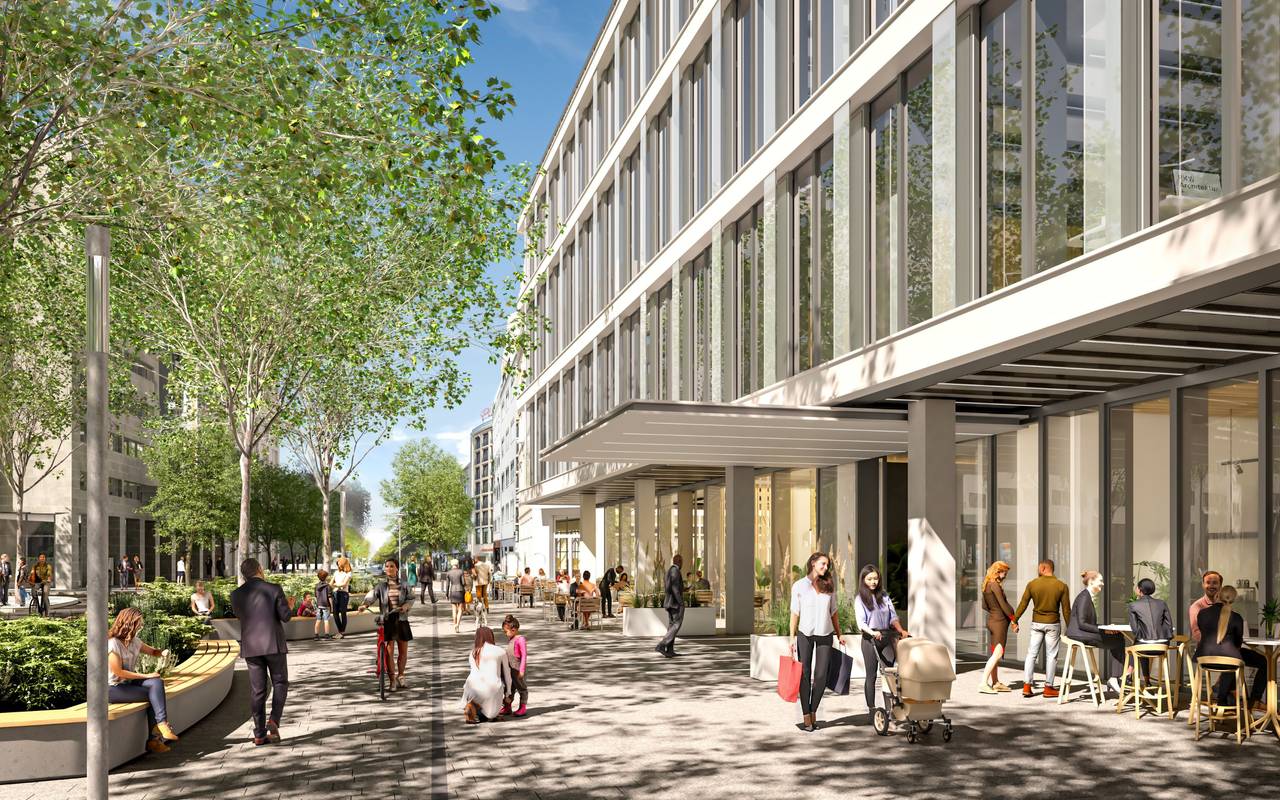 Visualisierung der neuen südlichen Königsallee. Am "KöTower" soll viel Grün und eine Verbindung zur Friedrichstraße/Friedrichstadt entstehen.