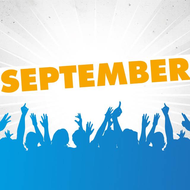 Eine jubelnde Menschenmenge in blauer Comic-Optik. Darüber in Gelb der Schriftzug "September".