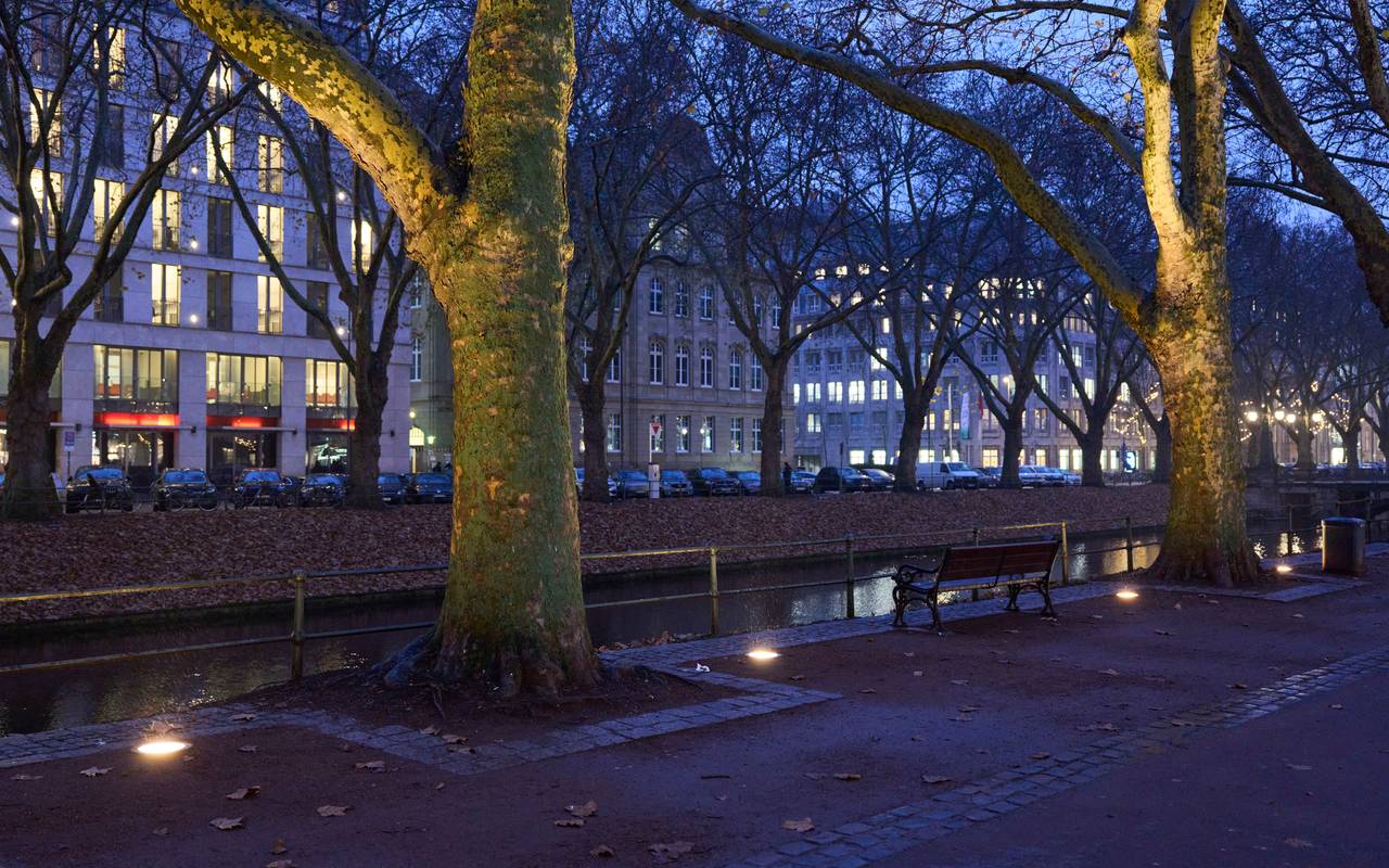 Blick in der Abenddämmerung von der Geschäftsseite der Kö aus über den Kö-Graben. Die Bäume und Gebäude werden von neuen Bodenleuchten angestrahlt.