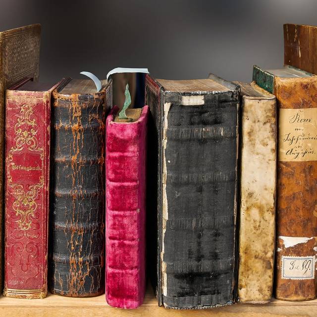 Recht alt auschauende Bücher in einem Buchregal.