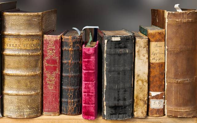 Recht alt auschauende Bücher in einem Buchregal.