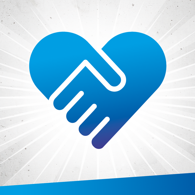 Eine blaue Hand und ein blaues Herz geben sich symbolisch die Hand.