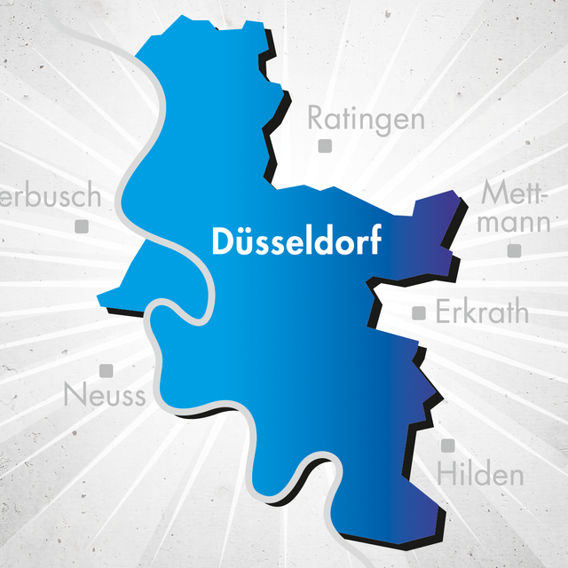 Eine Infografik von Antenne Düsseldorf im typischen Antenne-Blau. Zu sehen ist der Umriss von Düsseldorf.