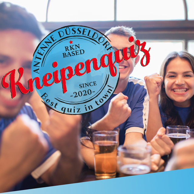 Info-Grafik für das Antenne-Düsseldorf-Kneipenquiz. Teilnehmer freuen sich über erreichte Punkte.