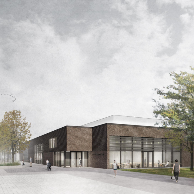 Ein Entwurf für die neue, geplante Sporthalle an der Redinghovenstraße.