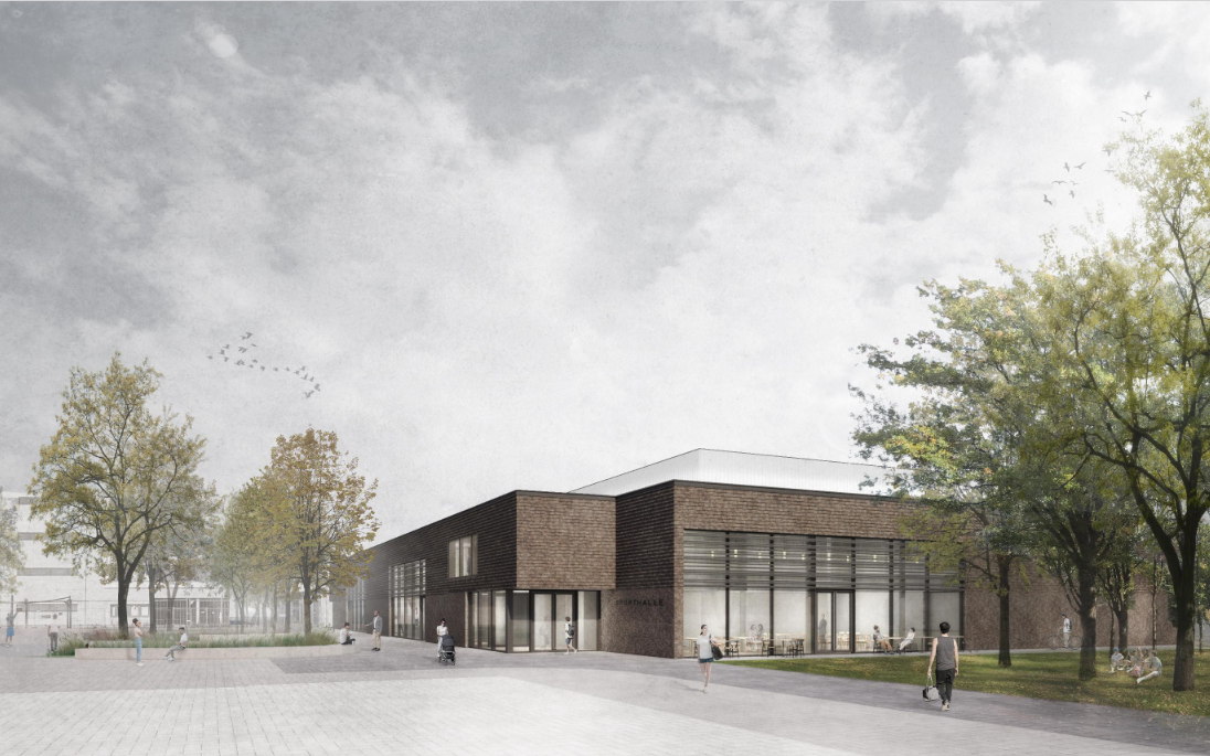 Ein Entwurf für die neue, geplante Sporthalle an der Redinghovenstraße.