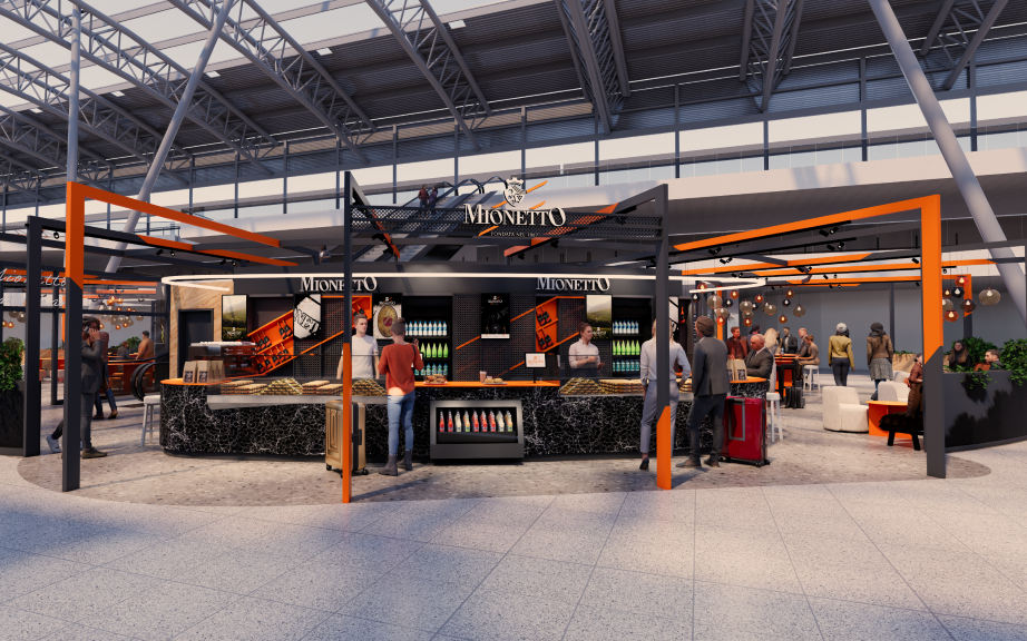 Eine Visualisierung von einer neuen Prosecco-Bar in der Halle des Flughafens. Neben verschiedenen Sitzmöglichkeiten gibt es auch eine große Theke zum bestellen.
