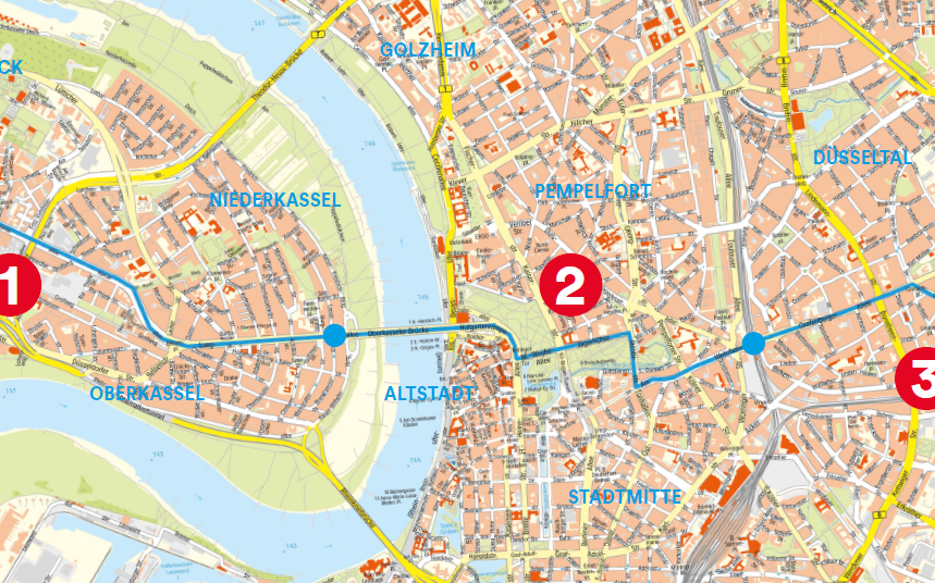 Ausschnitt der Düsseldorfer Stadtkarte. Dabei ist zu sehen, wie die Rad-Leitroute von Heerdt bis nach Gerresheim führen wird.