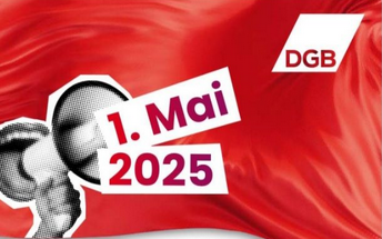 Banner zur Kundgebung am 1. Mai: Schriftzug "Mach dich Stark mit uns" und ein Megafon