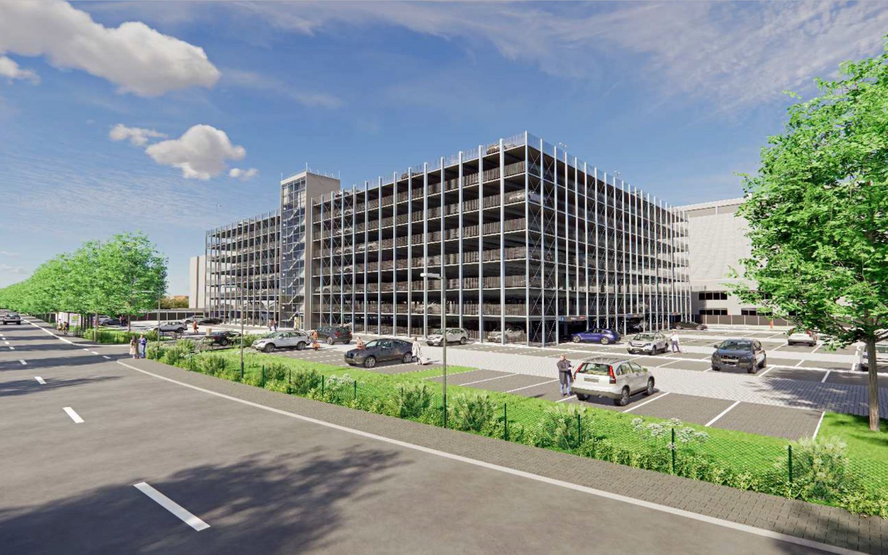 Ein Entwurf für ein neues Parkhaus am Düsseldorfer Flughafen.