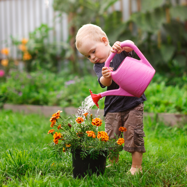 Gartenarbeit im Frühling: kleiner Junge mit Gießkanne