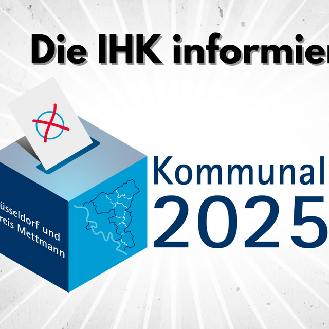 Zu sehen ist ein grauer Hintergrund mit einem blauen Schräger an der linken Seite. In der Mitte steht der Satz "Die IHK informiert.". Darunter sieht man eine Wahlurne mit einem Stimmzettel und den Titel "Kommunalwahl 2025".