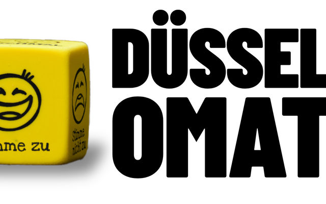 Ein gelber Würfel mit einem lachenden Gesicht und den Worten "Stimme zu". Daneben steht in dicken Buchstaben Düssel-O-Mat