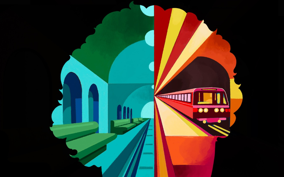 Der Kopf von Metronomy-Sänger Joseph Mount als buntes Bild mit einem U-Bahnhof drin.