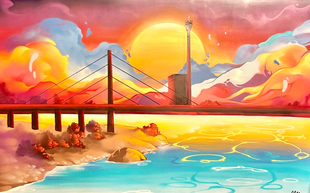 Street Art des Künstlers Mac Sullivan. Gesprayt ist die Skyline von Düsseldorf.