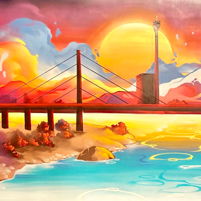 Street Art des Künstlers Mac Sullivan. Gesprayt ist die Skyline von Düsseldorf.