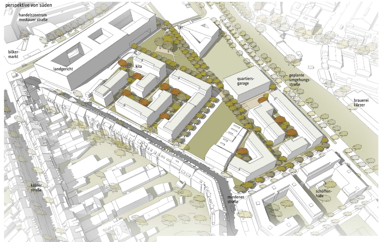 Perspektive/Animation des geplanten Wohngebietes an der Mindener Straße in Oberbilk.