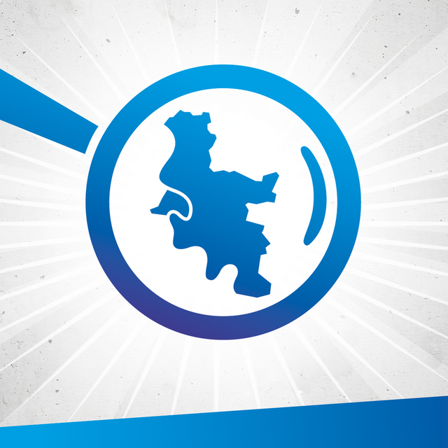 Eine blaue Lupe über einer Silhouette von Düsseldorf.