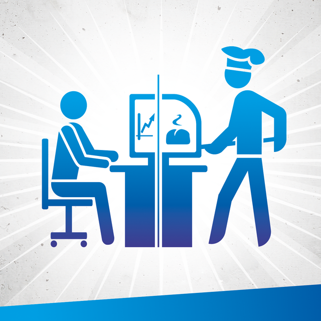 Ausbildung und Handwerk. Dieses Symbolbild ist in blau gehalte. Und zeigt einen Menschen, der am Computer arbeitet und einen Bäcker.