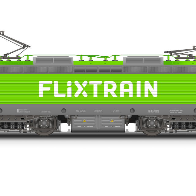 Ein Modellzug von Flixtrain in grün