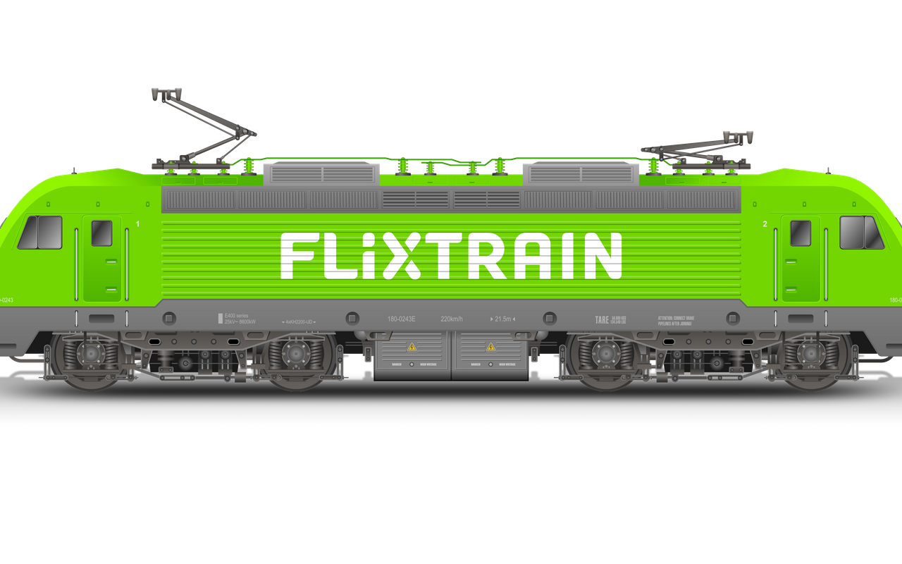 Ein Modellzug von Flixtrain in grün