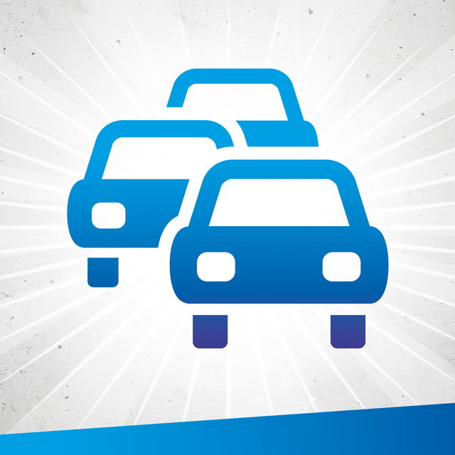 Ein Symbolbild mit drei Autos, die im Stau stehen. Das ist eine Info-Grafik von Antenne Düsseldorf, im typischen Antenne-Blau.