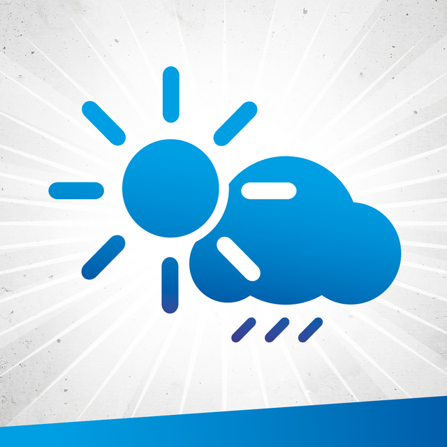 Blaue Sonne und blaue Regenwolke auf grauem Grund.