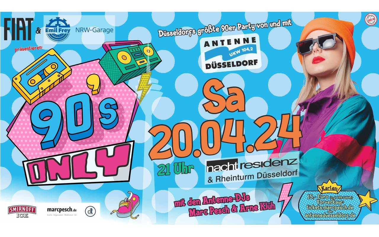 Das Info-Plakat zur großen 90er-Party im Rheinturm und der Nachtresidenz.