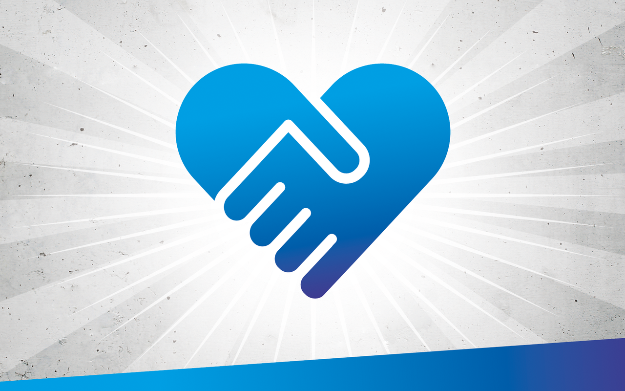 Eine blaue Hand und ein blaues Herz geben sich symbolisch die Hand. 