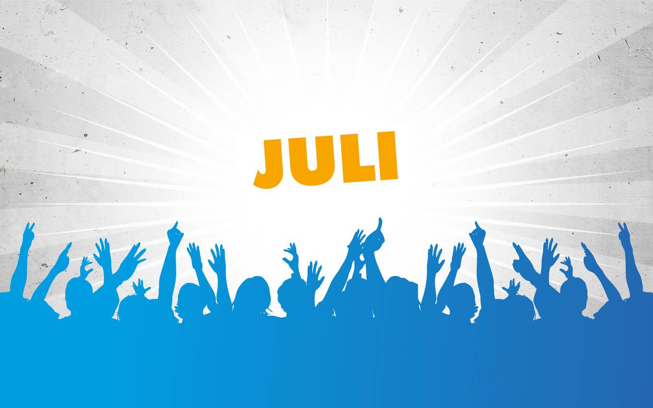 Eine Infografik in blau und geld und dem Schriftzug "Juli".