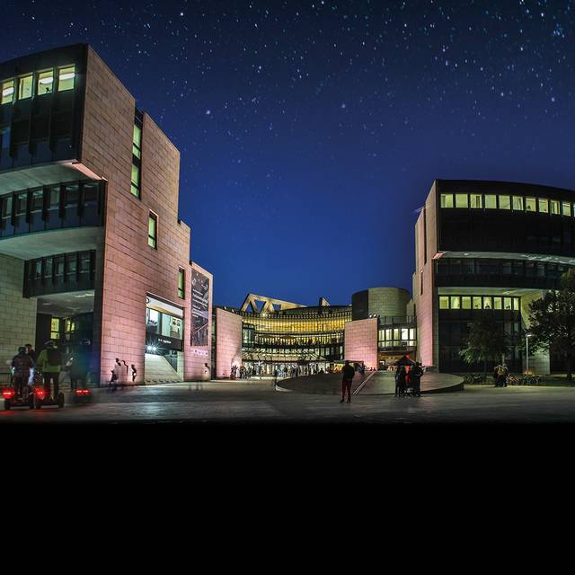 Der beleuchtete Düsseldorfer Landtag im Dunkeln.