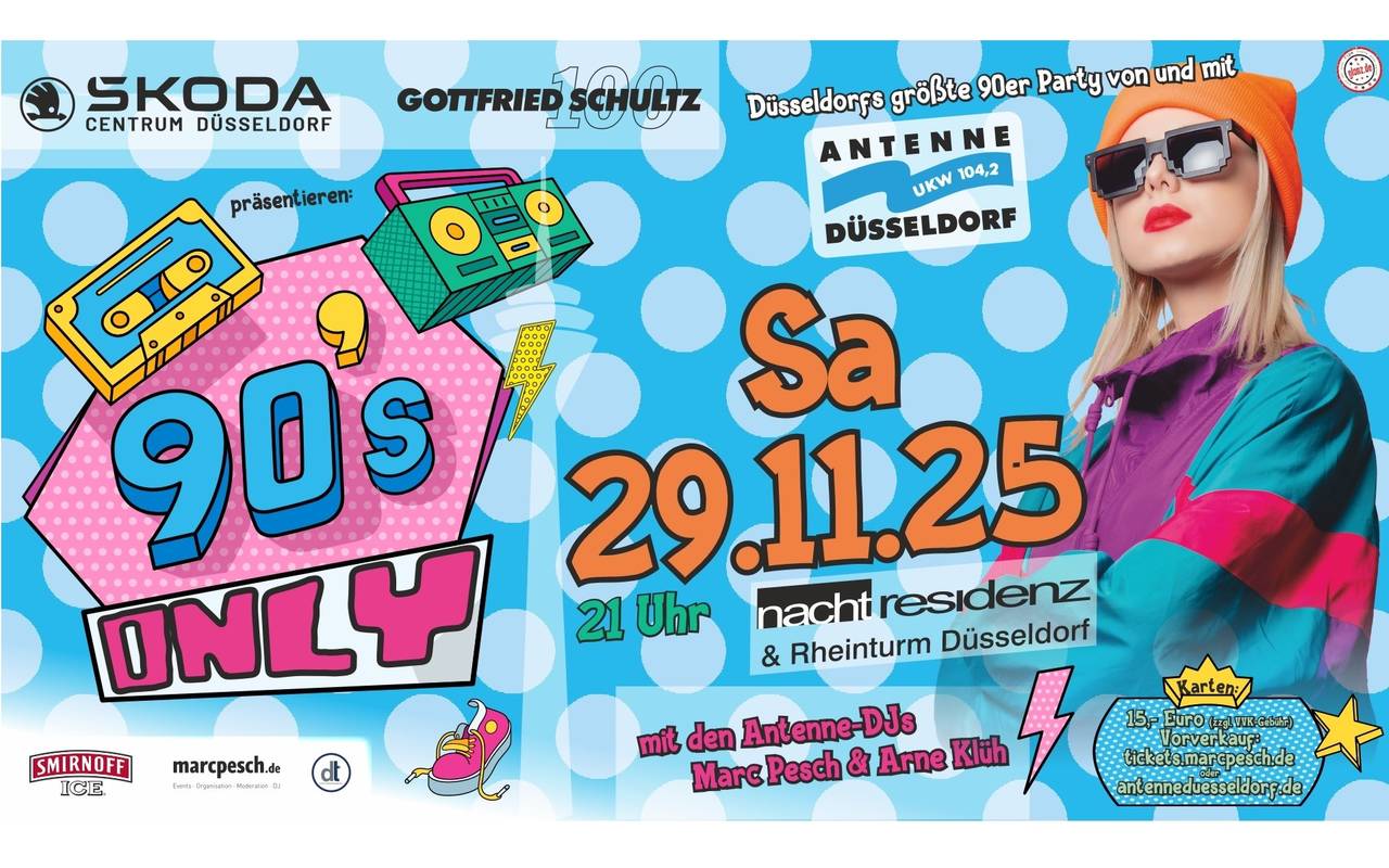 Ein Flyer, der auf die nächste 90er-Party von Antenne Düsseldorf hinweist.