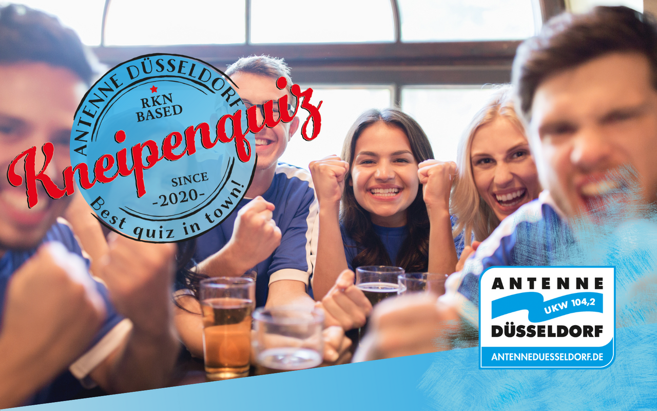 Info-Grafik für das Antenne-Düsseldorf-Kneipenquiz. Teilnehmer freuen sich über erreichte Punkte.