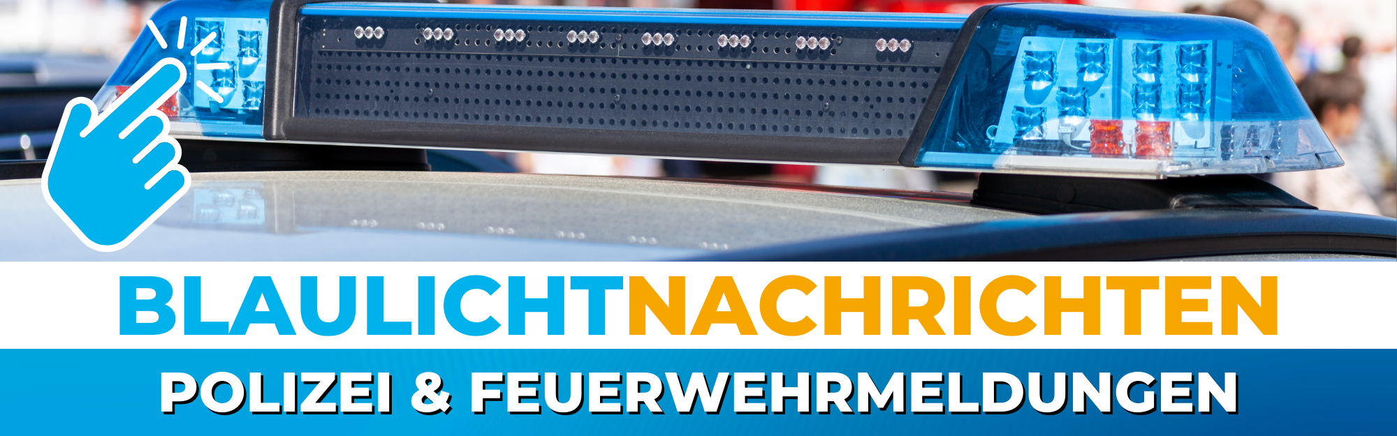 Ein Bild im Antenne-Düsseldorf-Farbeschema. Es weist auf Blaulichtmeldungen auf unserer Homepage hin.