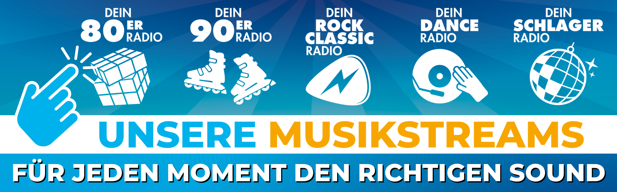 Ein Bild im Antenne-Düsseldorf-Farbeschema. Es weist auf Musikstreams auf unserer Homepage hin.