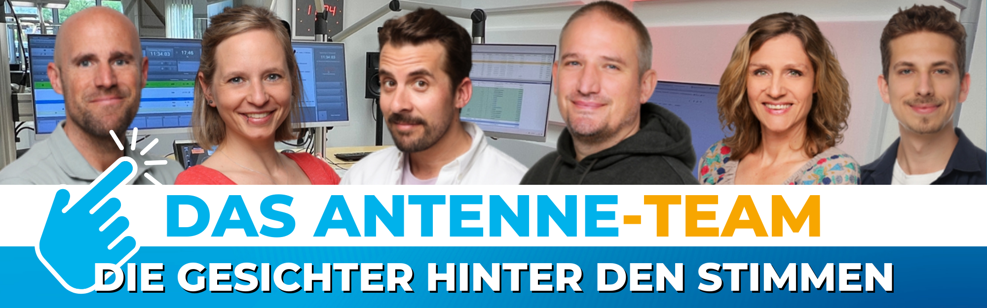 Ein Bild im typischen Farbschema von Antenne Düsseldorf. Es weist auf die Team-Seite auf unserer Homepage hin.