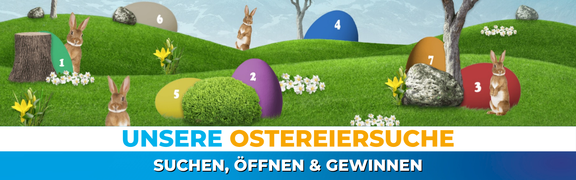 Eine grüne Wiese mit Hügeln, auf der Hasen, Bäume und Ostereier zu sehen sind. Am Himmel fliegen ein paar Vögel.