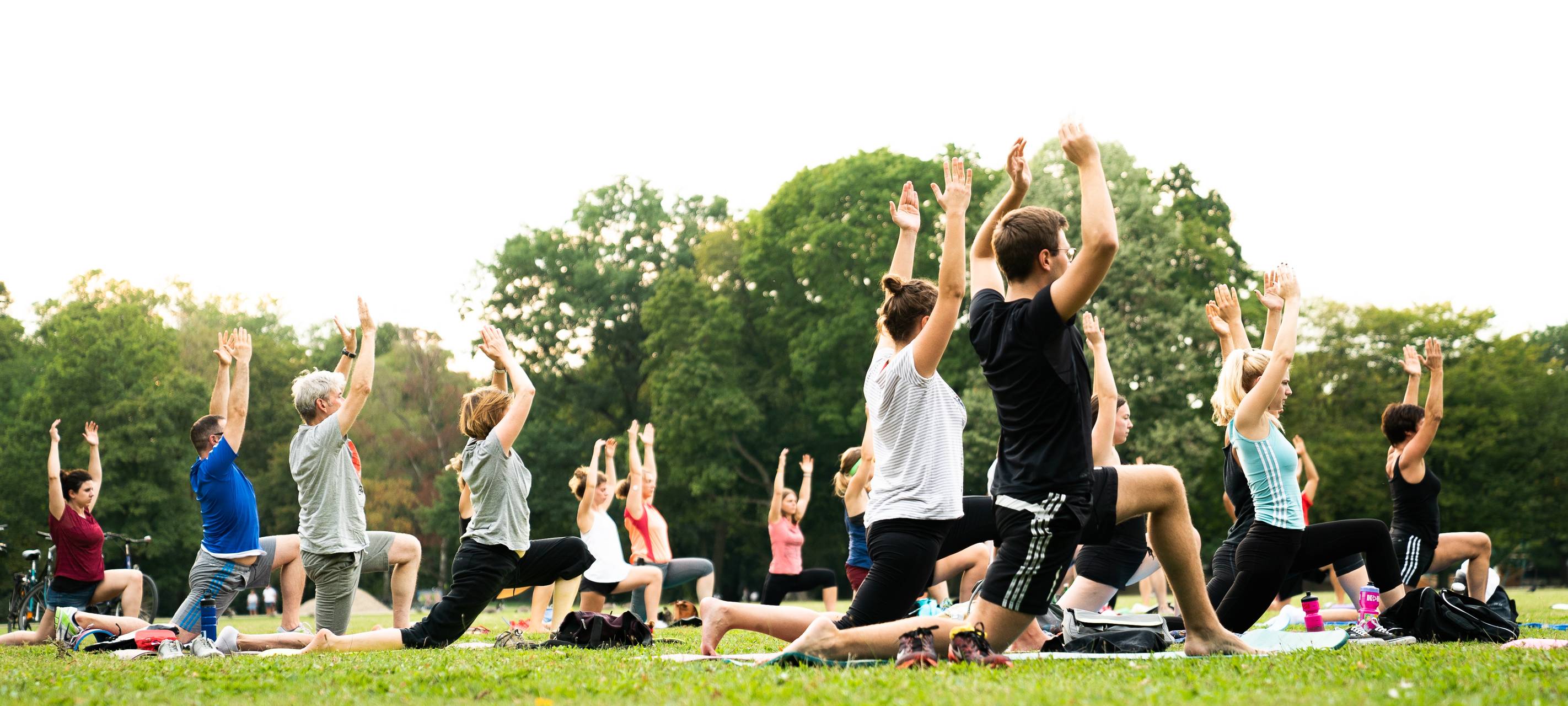 Eine Gruppe von Sportlerinnen und Sportlern mach Yogaübungen auf einer Wiese im Park.