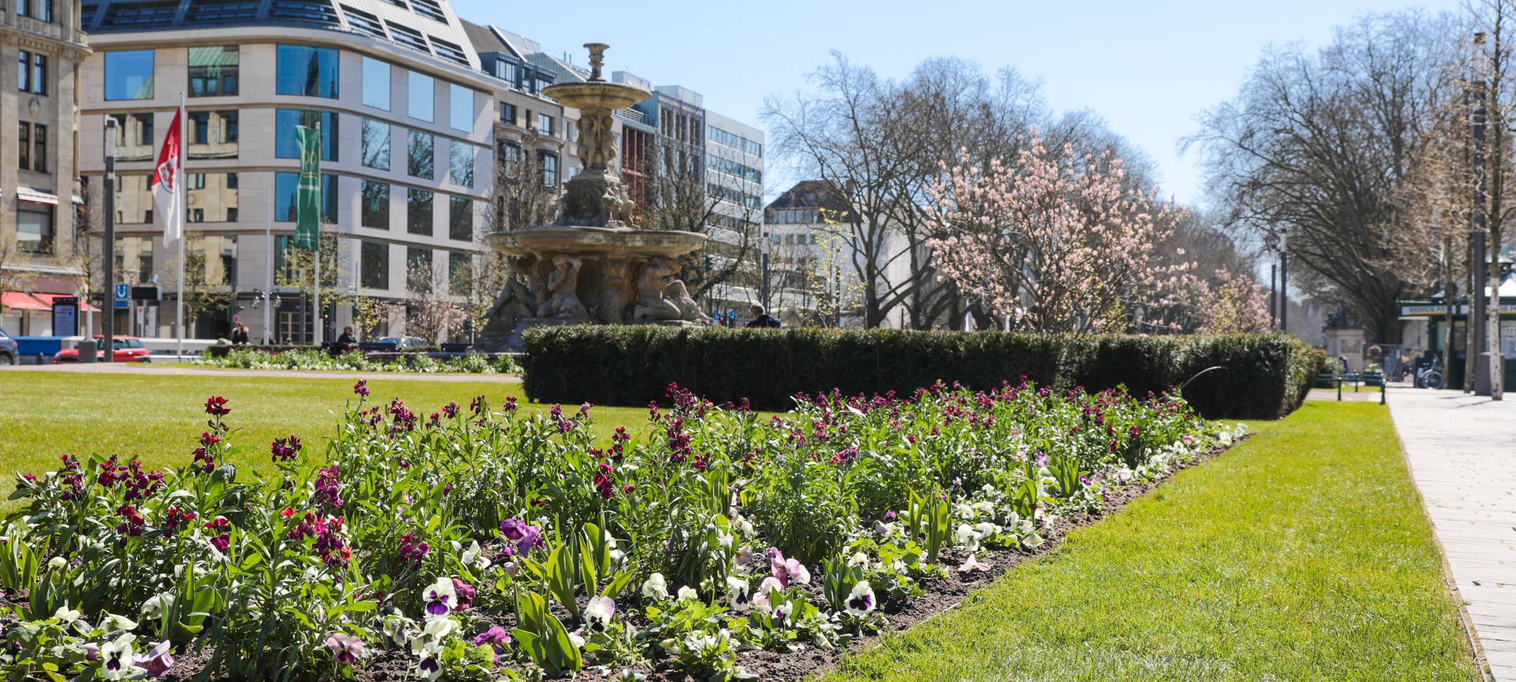 Bunte Blumen und Beete auf dem Corneliusplatz am Nordende der Königsallee.