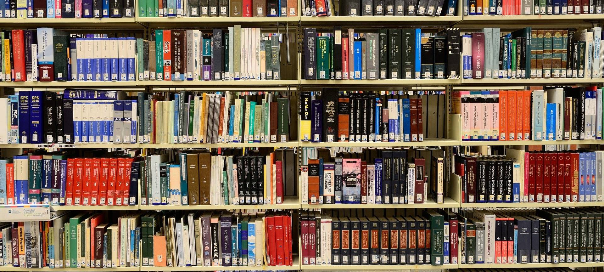 Ein volles Bücherregal in einer Bücherei.