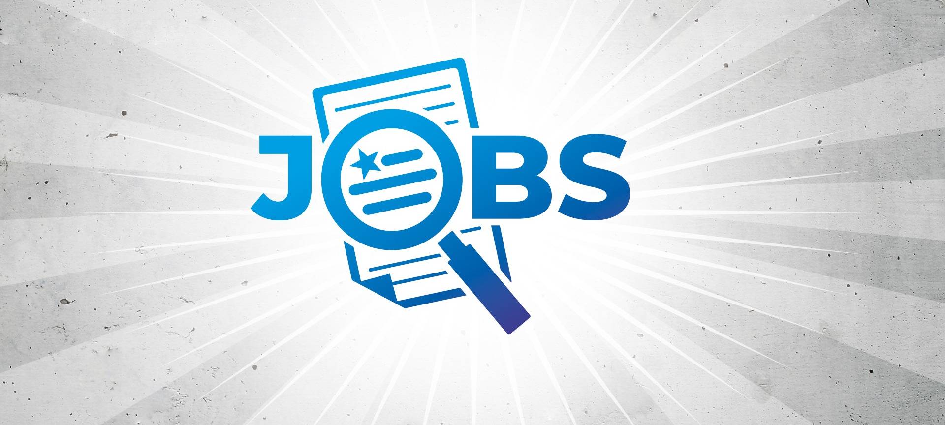 Eine Lupe vor einem beschriebenen Blatt Papier. Dazu der Schriftzug "JOBS".